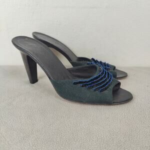 Vintage Bottega‎ Veneta Block Heel Sandals Womens 6.5 Black Blue Beaded Y2K 90s